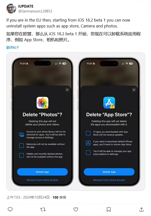 罗定苹果手机维修分享iOS 18.2 支持删除 App Store 应用商店 